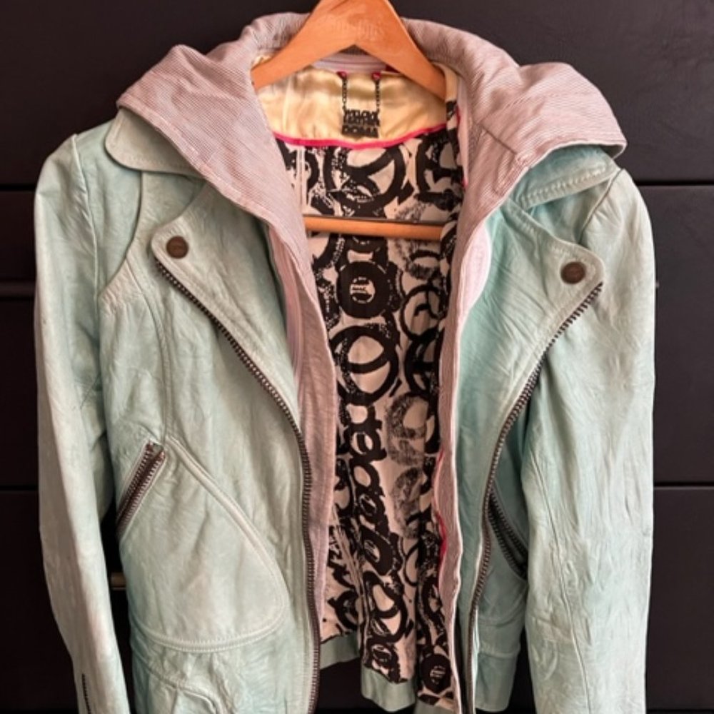 Doma Teal Leather Moto Jacket with Zip Out Striped Black & White Hood